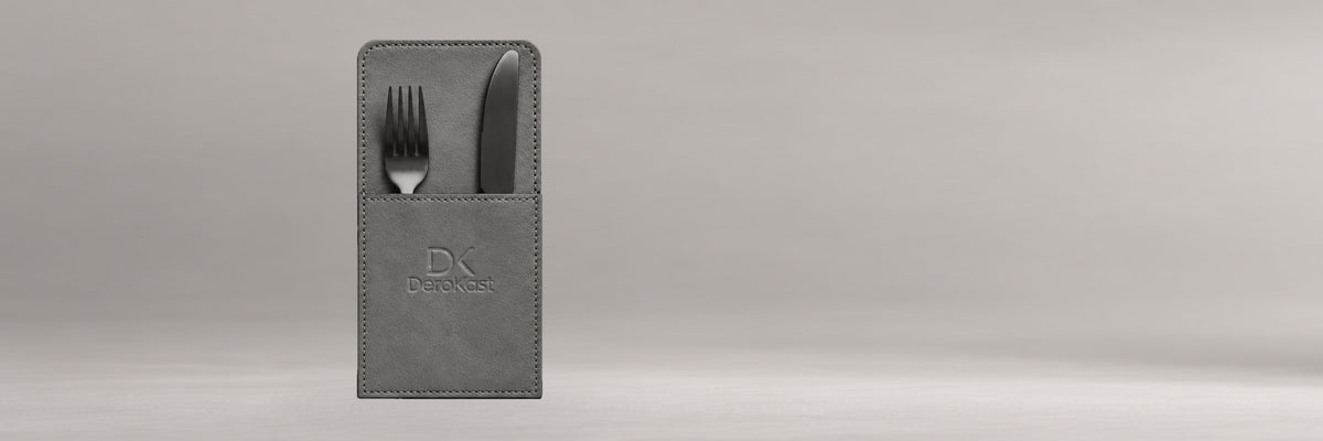 DeroKast leather cutlery case, grey backdrop, product left